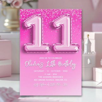 Modern 11th Birthday Girl with Pink Number Balloon Einladung