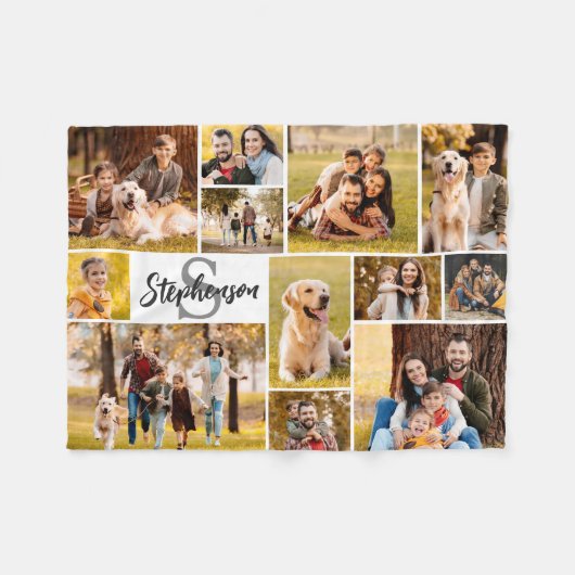 Modern 12 Foto Collage Script Name Monogram Fleecedecke (Vorderseite (Horizontal))