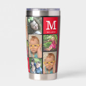 Modern 12 Photo Collage Family Name Monogram Red Thermobecher (Rückseite)