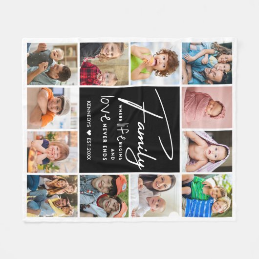 Modern 12 Photo Collage Family Name Quote Fleecedecke (Vorderseite (Horizontal))