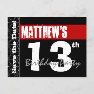 Modern 13. Geburtstag Save the Date Red Black V004 Ankündigungspostkarte