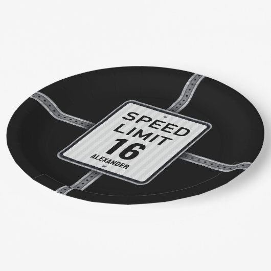 Modern 16th Birthday Speed Sign Pappteller (Schrägansicht)