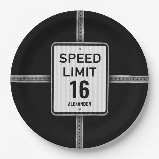 Modern 16th Birthday Speed Sign Pappteller (Vorderseite)