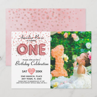 Modern 1. Geburtstag Pink Confetti Balloon Script Einladung