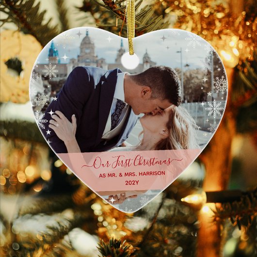Modern 1st Christmas Mr. Mrs. 1 Foto Heart Shaped Keramik Ornament