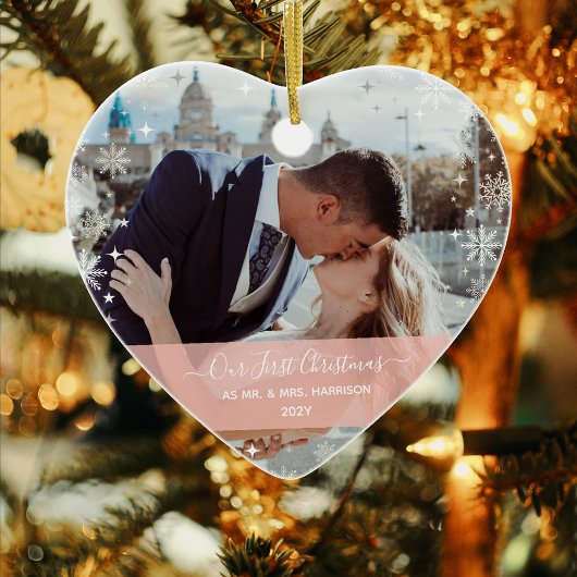 Modern 1st Christmas Mr. Mrs. 1 Foto Heart Shaped Keramik Ornament