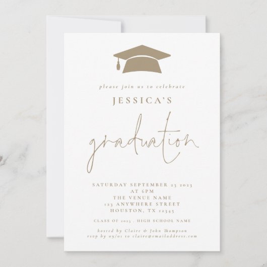 Modern 2024 Abschluss Foto Cap Champagne Gold Einladung (Vorderseite)