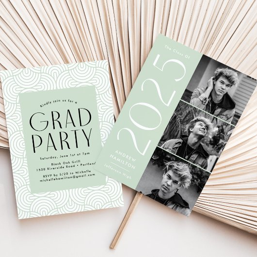 Modern 2025 Mint Green 3 Foto Graduation Party Einladung
