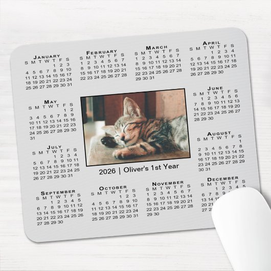 Modern 2026 Calendar Your Photo Name on Grey Mousepad