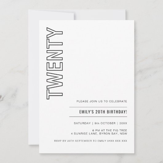 Modern 20. Geburtstagsparty Einladung (Vorderseite)