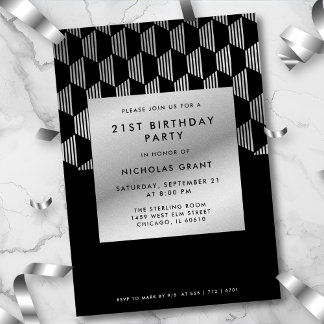 Modern 21st Birthday Classy Black Faux Silver Foil Einladung