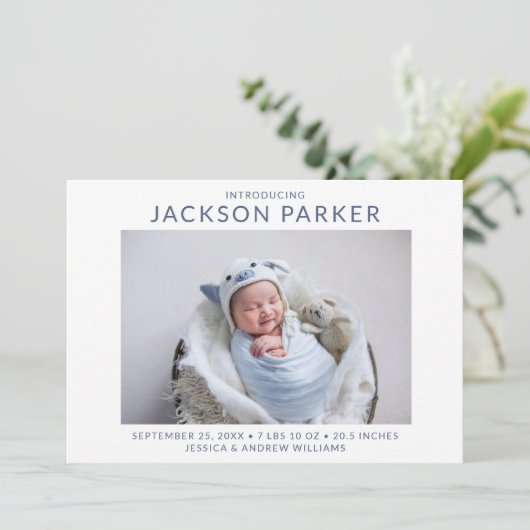 Modern 2 Foto Boy Birth Ankündigung (Stehend Vorderseite)