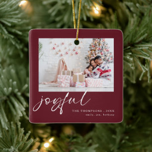 Modern 2 Foto Joyful Script Weihnachten Burgund Keramikornament