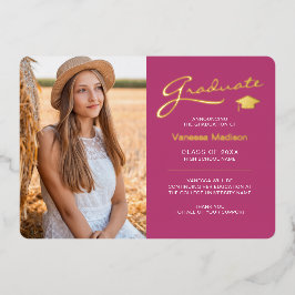 Modern 2 Foto Rosa Weiß & Gold Foil Grad Card Folieneinladung
