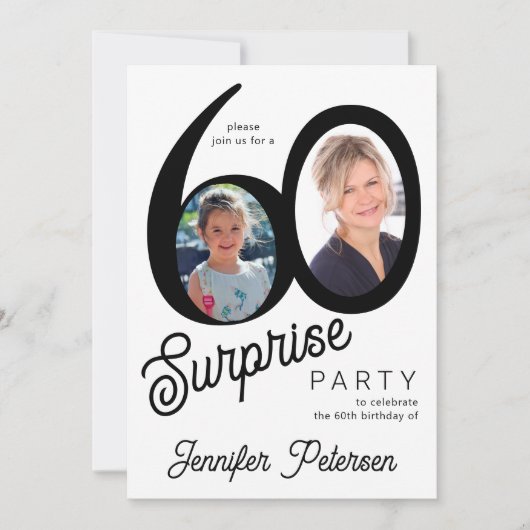 Modern 2 photo black and white 60th Birthday Party Einladung (Vorderseite)