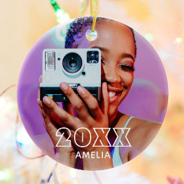 Modern 2 Photo Name Retro Christmas Holiday Keramik Ornament
