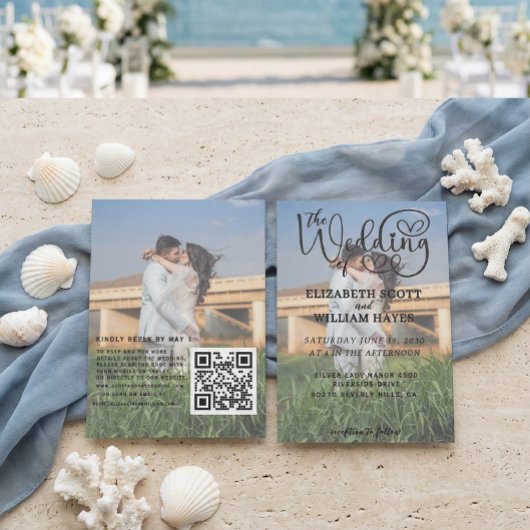 Modern 2 Photo QR Code Romantic Script Wedding Einladung