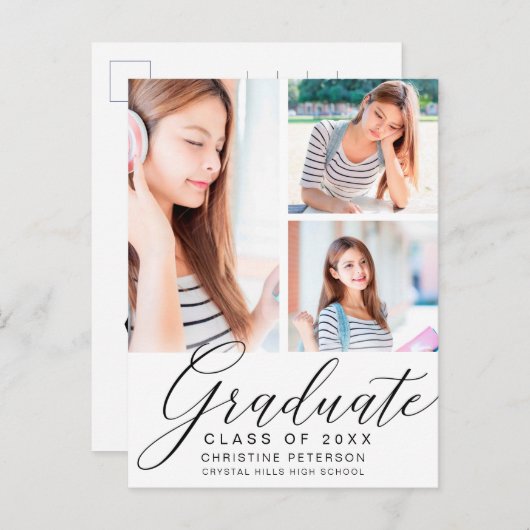 Modern 3 Foto Collage Black Script Abschluss Postkarte (Vorne/Hinten)