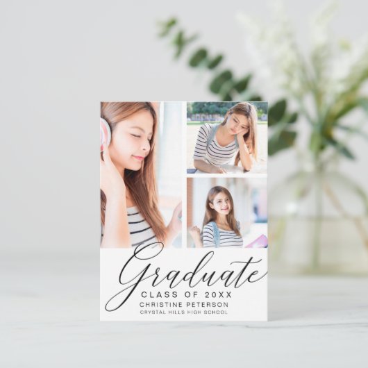 Modern 3 Foto Collage Black Script Abschluss Postkarte (Stehend Vorderseite)