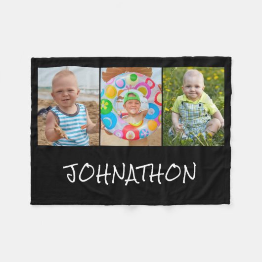Modern 3 Foto Collage Name Fleecedecke (Vorderseite (Horizontal))