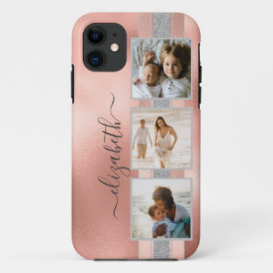 Modern 3 Foto Collage Rose Gold Name Case-Mate iPhone Hülle