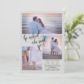 Modern 3 Foto sagte sie Save the Date Ja Einladung (Stehend Vorderseite)