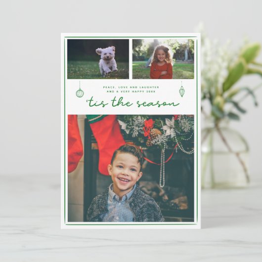 Modern 3 Foto Weihnachten | Einfache Skriptkarte (Stehend Vorderseite)