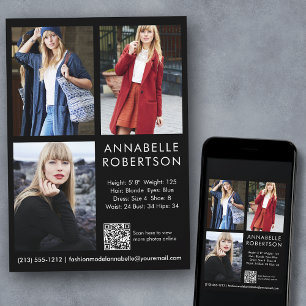 Modern 3 Fotos Modell Actor QR Code Comp Card Einladung