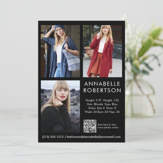 Modern 3 Fotos Modell Actor QR Code Comp Card Einladung (Stehend Vorderseite)