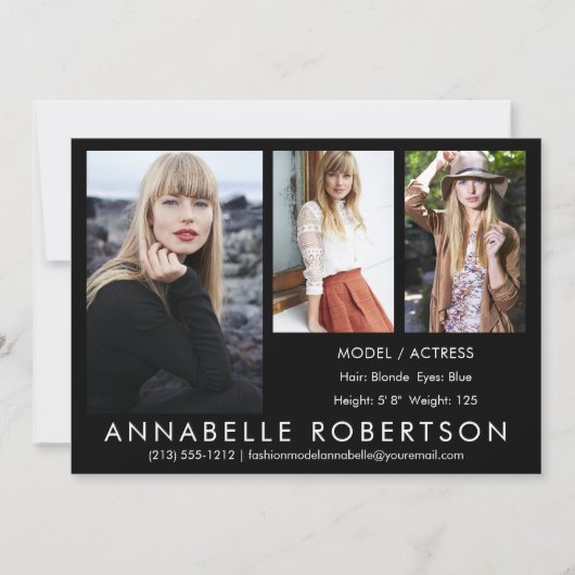 Modern 3 Fotos Modell-Comp-Karte Einladung (Vorderseite)