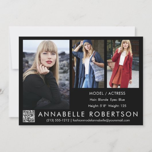 Modern 3 Fotos QR Code Modell Actor Comp Card Einladung (Vorderseite)