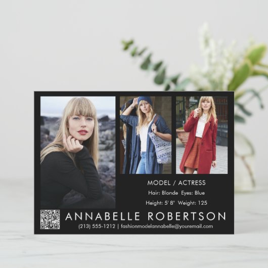 Modern 3 Fotos QR Code Modell Actor Comp Card Einladung (Stehend Vorderseite)