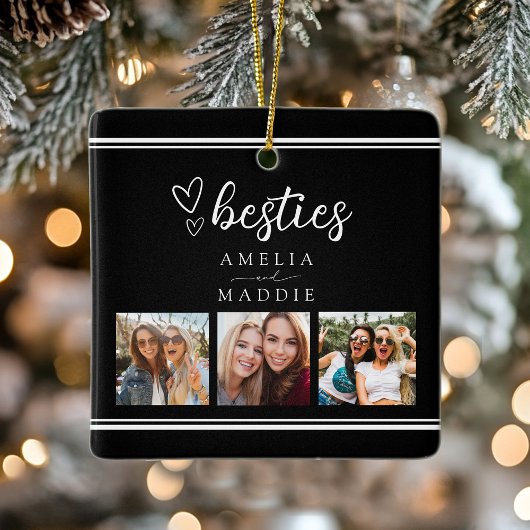 Modern 3 Photo Collage Besties Black and White Keramikornament