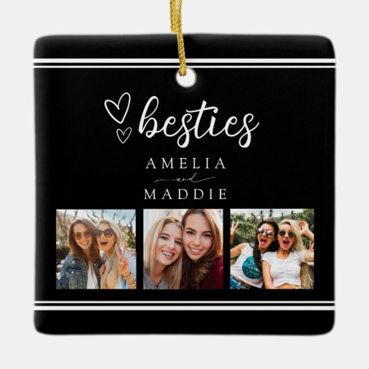 Modern 3 Photo Collage Besties Black and White Keramikornament (Vorderseite)