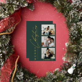 Modern 3 Photo Minimalist Green Christmas Script Folien Feiertagskarte
