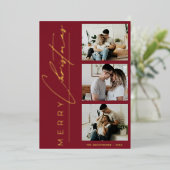 Modern 3 Photo Minimalist Red Christmas Script Folien Feiertagskarte (Stehend vorne)