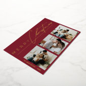 Modern 3 Photo Minimalist Red Christmas Script Folien Feiertagskarte (Gedreht)