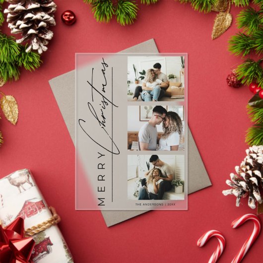 Modern 3 Photo Minimalist Script Christmas Card Acryleinladungen (Insitu (Feiertag))