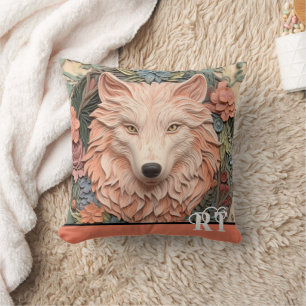 Modern 3D Wolf Peach Monogram Kissen