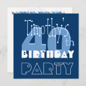 Modern 40. Geburtstag Party Blue Metallic Template Einladung (Vorne/Hinten)