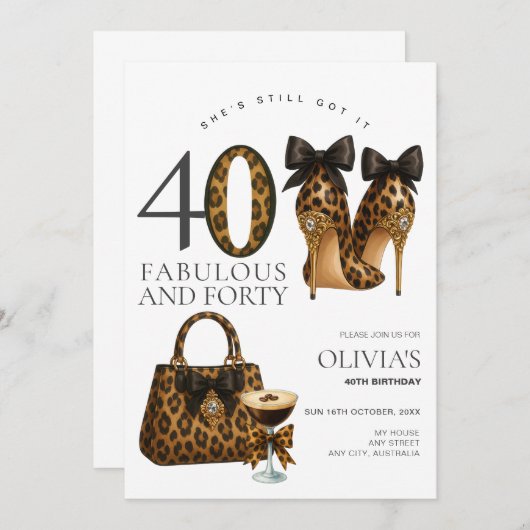 Modern 40. Leopard & Cheetah Print, Trendy 40 Einladung (Vorne/Hinten)