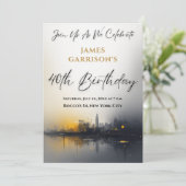 Modern 40th Birthday Party Black with Gold Einladung (Stehend Vorderseite)