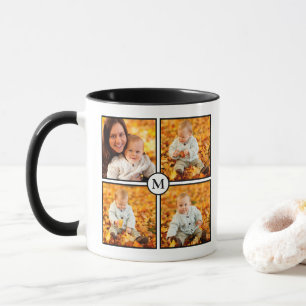 Modern 4 Foto Collage Black Monogramm Tasse