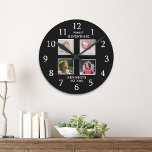 Modern 4 Foto Collage Familienname Zitat Schwarz Runde Wanduhr<br><div class="desc">Erstellen Sie Ihre eigene Foto Collage Wand Uhr mit 4 Ihrer Lieblingsfotos. Die Foto-Uhr hilft Ihnen, Ihre besonderen Momente zu schätzen und macht auch Eltern, Großeltern und Freunden ein wohlüberlegtes Geschenk. Die personalisierte Wanduhr mit Fotos macht sie zu einem perfekten Geschenk für jeden Anlaß. Personalisieren mit Familienname und feststehendem Datum....</div>