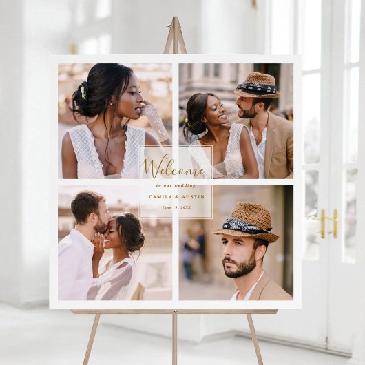 Modern 4 Foto Collage Gold Wedding Welcome Square Poster
