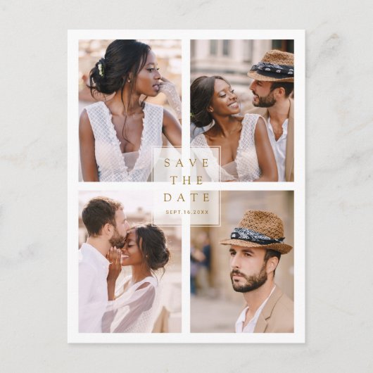 Modern 4 Foto Collage Wedding Gold Save the Date Ankündigungspostkarte (Vorderseite)
