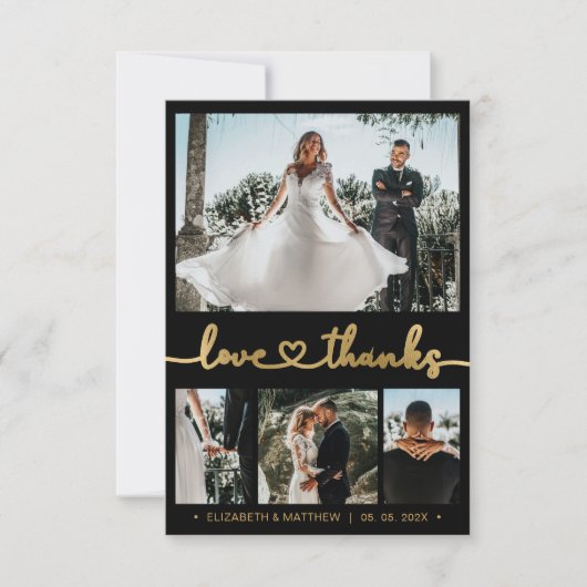 Modern 4 Foto Gold Heart Script Wedding Vielen Dan Dankeskarte (Vorderseite)