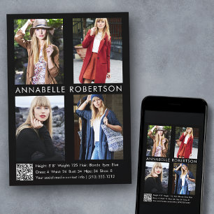 Modern 4 Fotos Modell Actor QR Code Comp Card Einladung