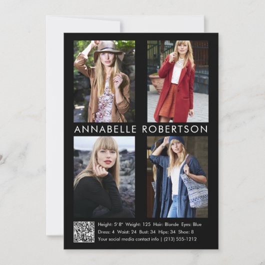 Modern 4 Fotos Modell Actor QR Code Comp Card Einladung (Vorderseite)