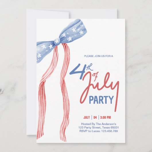 Modern 4. Juli Bow Party Patriotic Einladung (Vorderseite)